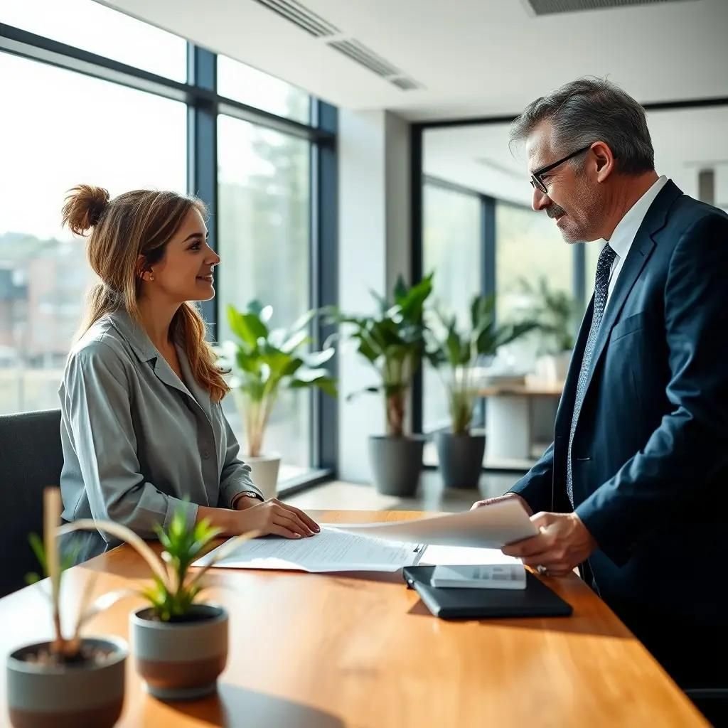 Beraterin und Berater besprechen gemeinsam Unterlagen in einem hellen Büro